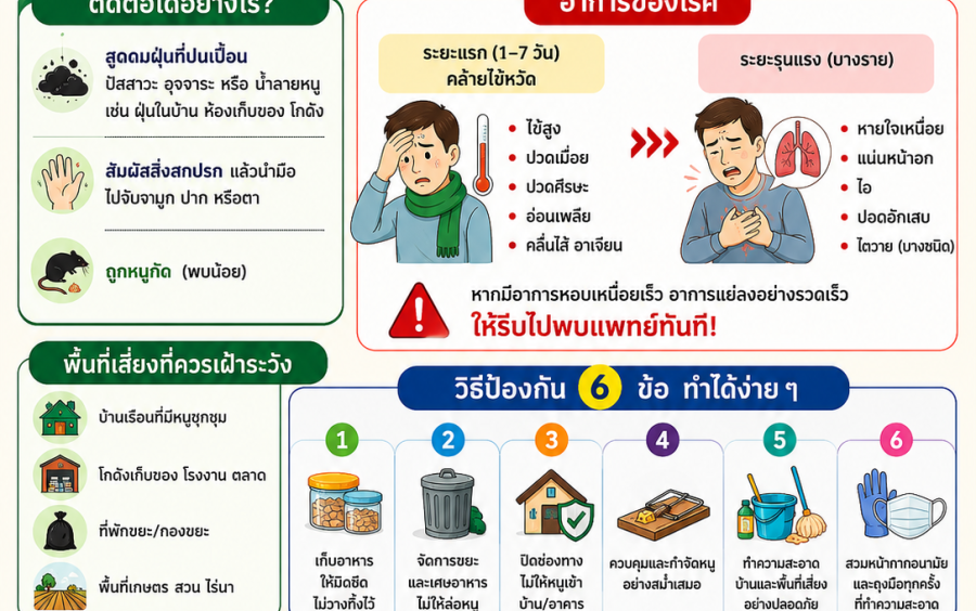ประชาสัมพันธ์ เทศบาลตำบลหนองบัวใหญ่ ขอความร่วมมือประชาชนเฝ้าระวังโรคฮันตาไวรัส โดยดูแลบ้านเรือนให้สะอาด ป้องกันหนูรบกวน และหลีกเลี่ยงการสัมผัสมูลหนูโดยตรง